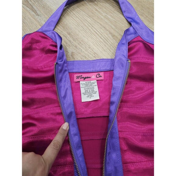 MORGAN & CO Y2K 1990's Bright Pink Purple Satin Ruched Halter Neck Mini Dress XS - Picture 2 of 6